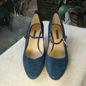 daniele ancarani teal genuine suede leather Mary Jane medium heel pumps, S 8.5